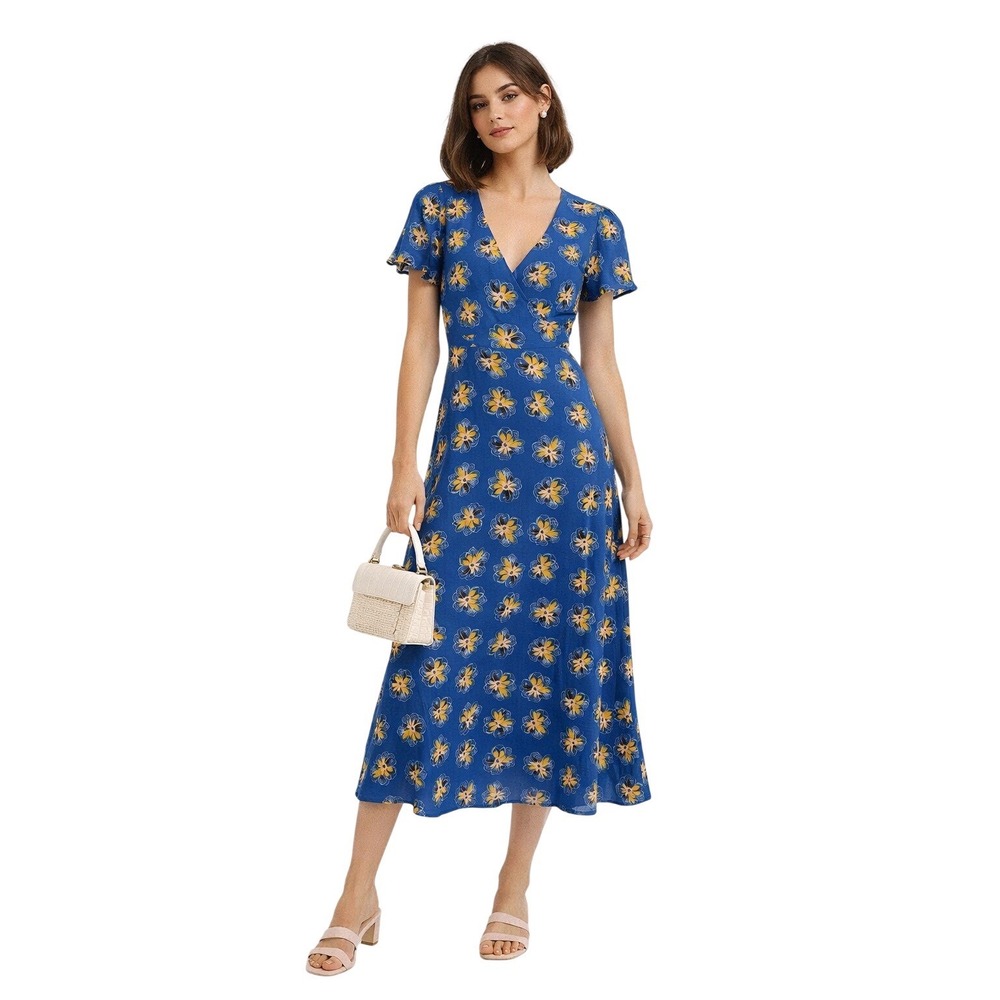 Floral Flutter Sleeve Dress Cottagecore Prairie Blue Rayon Spring Summer Flowy M